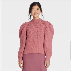 a new day Rose Pink Textured Cable Knit Puff Sleeve Turtleneck Sweater